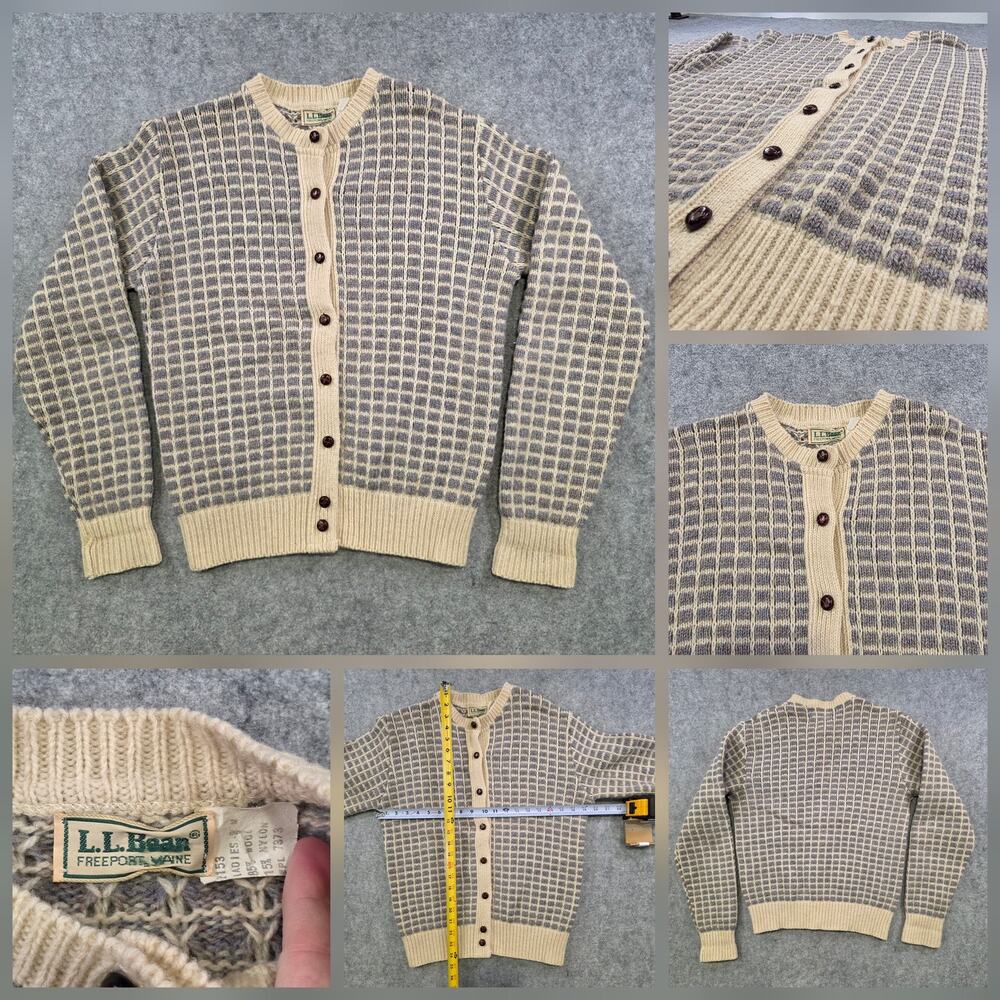 Vintage LL Bean Sweater Womens Small M Gray Wool Check Knit Button Cardigan 80s